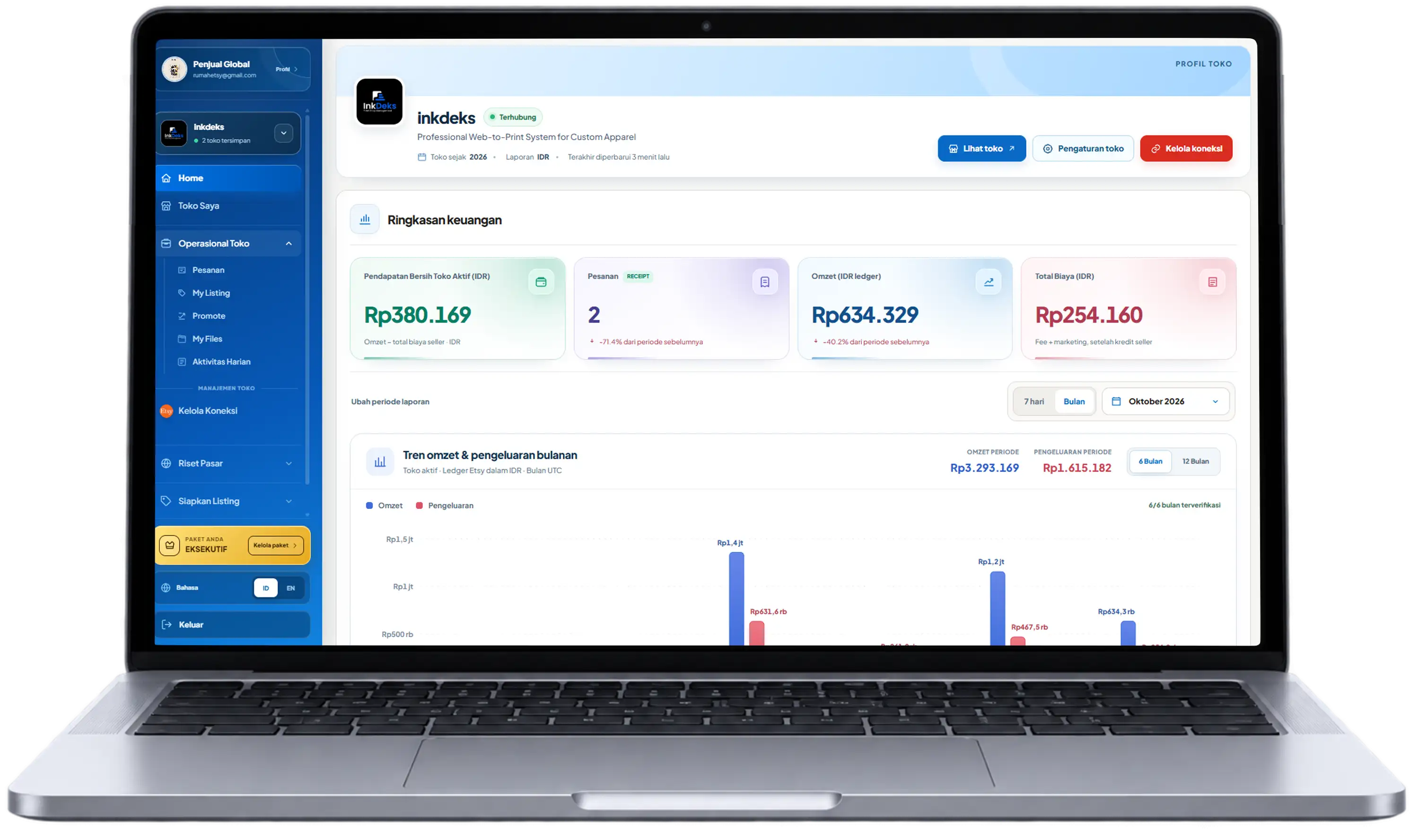 Pratinjau dashboard Home dengan ringkasan penghasilan dan pesanan toko